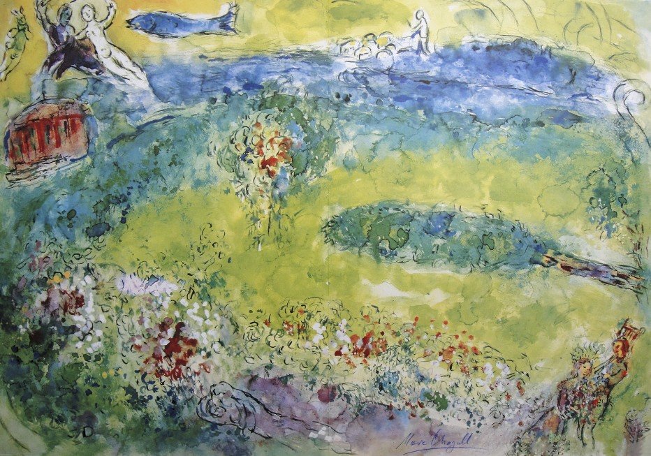Marc CHAGALL, signed Lithograph "Suite Ballet" 1969: Signed Lithograph by Marc Chagall "Suite Ballet". From a signed VIP book, published in 1969. "Daphnis et Chloe" Hand signed by Marc Chagall in blue pencil. Prov: Galerie les Tourettes, Dr. A. Wertheim