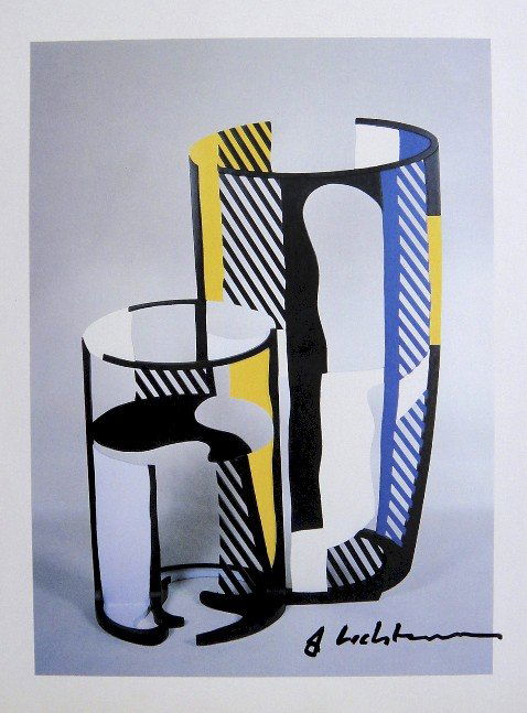 ROY LICHTENSTEIN, Signed Print, 1982: Roy LICHTENSTEIN, signed Offset Print "Double Glass". From a signed VIP book published in 1982 by Nationalgalerie Berlin / Staatliche Museen Preussischer Kulturbesitz. Hand signed by Lichtenstein in b