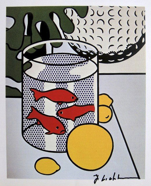 ROY LICHTENSTEIN, Signed Print, 1982: Roy LICHTENSTEIN, signed Offset Print "Still Life with Goldfish". From a signed VIP book published in 1982 by Nationalgalerie Berlin / Staatliche Museen Preussischer Kulturbesitz. Hand signed by Licht
