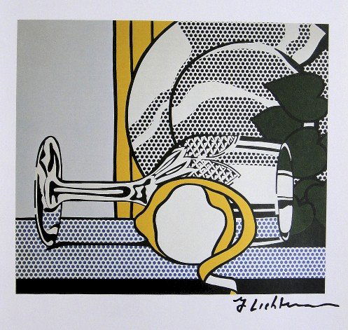 ROY LICHTENSTEIN, Signed Print, 1982: Roy LICHTENSTEIN, signed Offset Print "Still Life with Glass and Peeled Lemon". From a signed VIP book published in 1982 by Nationalgalerie Berlin / Staatliche Museen Preussischer Kulturbesitz. Hand s
