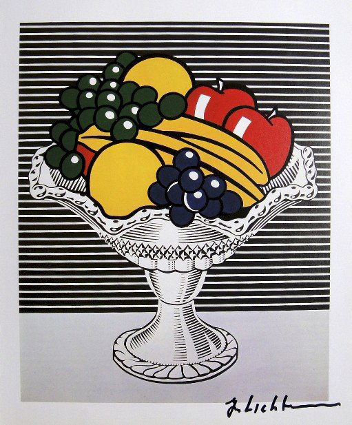 ROY LICHTENSTEIN, Signed Print, 1982: Roy LICHTENSTEIN, signed Offset Print "Still Life with Crystal Bowl". From a signed VIP book published in 1982 by Nationalgalerie Berlin / Staatliche Museen Preussischer Kulturbesitz. Hand signed by L