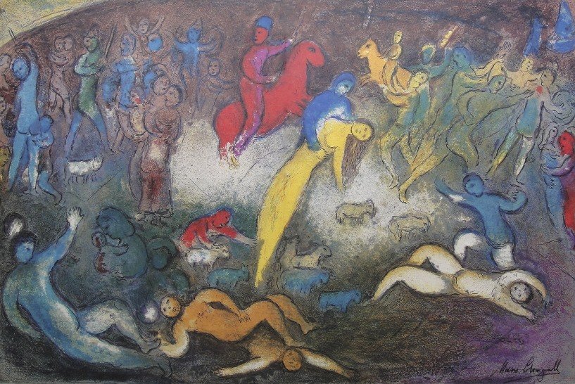 Marc Chagall, signed Lithograph "Daphnis and Chloe": Original Lithograph from Marc Chagall "The Capture of Chloe" (Mourlot 327), from a signed VIP book "Daphnis and Chloe. Hand signed by Marc Chagall in black ink. Les Editions II Verve, Paris 1961. Size