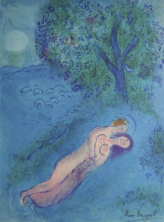 Marc Chagall, signed Lithograph "Daphnis and Chloe": Original Lithograph from Marc Chagall "The Lesson of Philetas" (Mourlot 323), from a signed VIP book "Daphnis and Chloe. Hand signed by Marc Chagall in black ink. Les Editions II Verve, Paris 1961. Si
