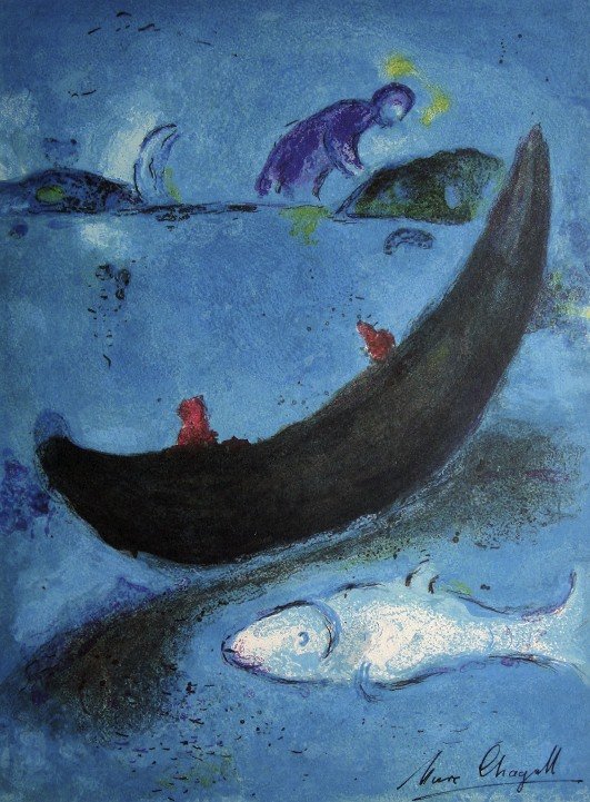Marc Chagall, signed Lithograph "Daphnis and Chloe": Original Lithograph from Marc Chagall "The Dead Dolphin and the 300 Crowns" (Mourlot 338), from a signed VIP book "Daphnis and Chloe. Hand signed by Marc Chagall in black ink. Les Editions II Verve, P