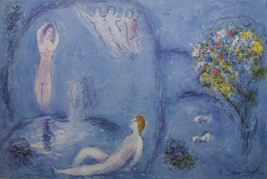 Marc Chagall, signed Lithograph "Daphnis and Chloe": Original Lithograph from Marc Chagall "Daphnis and Chloe in the Cave ot the Nymphs" (Mourlot 321), from a signed VIP book "Daphnis and Chloe. Hand signed by Marc Chagall in black ink. Les Editions II 