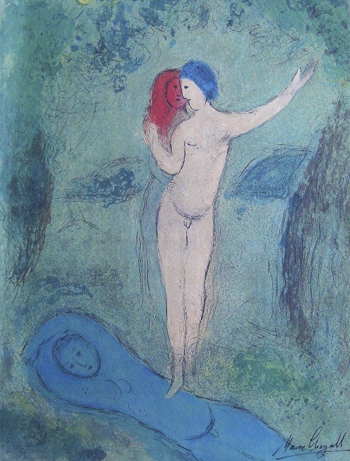 Marc Chagall, signed Lithograph "Daphnis and Chloe": Original Lithograph from Marc Chagall "Chloe's Kiss" (Mourlot 316), from a signed VIP book "Daphnis and Chloe. Hand signed by Marc Chagall in black ink. Les Editions II Verve, Paris 1961. Size: 12.2 x