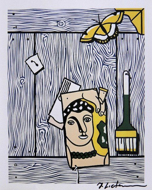 ROY LICHTENSTEIN, Signed Print, 1982: Roy LICHTENSTEIN, signed Offset Print "Trompe l'oeil with Leger Head and Paintbrush". From a signed VIP book published in 1982 by Nationalgalerie Berlin / Staatliche Museen Preussischer Kulturbesitz.