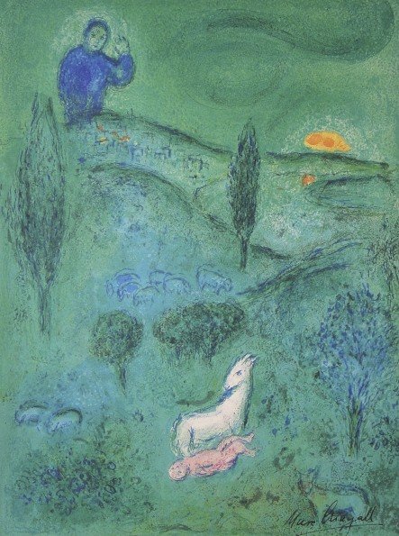 Marc Chagall, signed Lithograph "Daphnis and Chloe": Original Lithograph from Marc Chagall "Daphnis is found by Lamon" (Mourlot 309), from a signed VIP book "Daphnis and Chloe. Hand signed by Marc Chagall in black ink. Les Editions II Verve, Paris 1961.