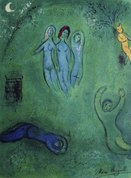 Marc Chagall, signed Lithograph "Daphnis and Chloe": Original Lithograph from Marc Chagall "The Dream of Daphnis: The Three Nymphs" (Mourlot 325), from a signed VIP book "Daphnis and Chloe. Hand signed by Marc Chagall in black ink. Les Editions II Verve