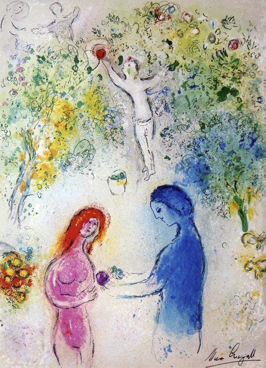 Marc Chagall, signed Lithograph "Daphnis and Chloe": Original Lithograph from Marc Chagall "Daphnis and Chloe: Frontspitz" (Mourlot 308), from a signed VIP book "Daphnis and Chloe. Hand signed by Marc Chagall in black ink. Les Editions II Verve, Paris 1