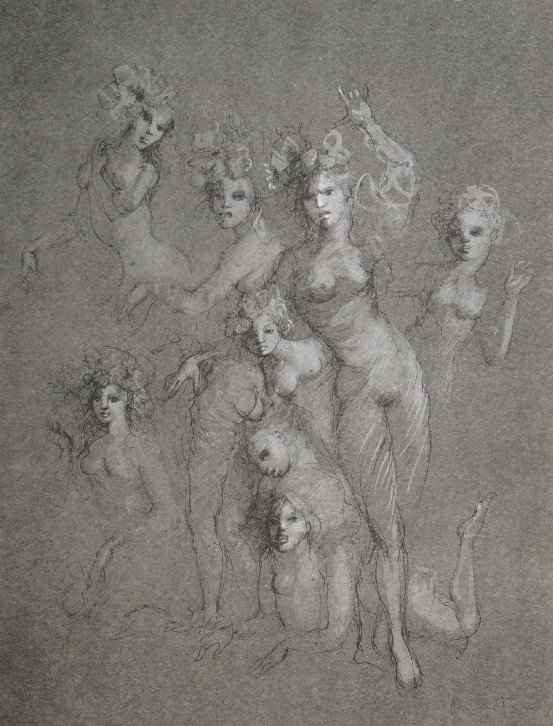 Leonor FINI, signed original Lithograph 1973: Original Lithograph by Leonor FINI. Hand signed by Fini in pencil. From a signed VIP book published in 1973. Size: 14.2 x 11 inches (36 x 28 cm). Very beautiful and rare lithograph in best conditions.