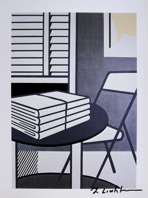 ROY LICHTENSTEIN, Signed Print, 1982: Roy LICHTENSTEIN, signed Offset Print "Still Life with Folded Sheet". From a signed VIP book published in 1982 by Nationalgalerie Berlin / Staatliche Museen Preussischer Kulturbesitz. Hand signed by L