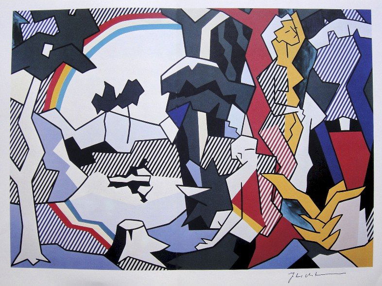 ROY LICHTENSTEIN, Signed Print, 1982: Roy LICHTENSTEIN, "Landscape with Figures" signed Offset Print. From a signed VIP book published in 1982 by Nationalgalerie Berlin / Staatliche Museen Preussischer Kulturbesitz. Hand signed by Lichten