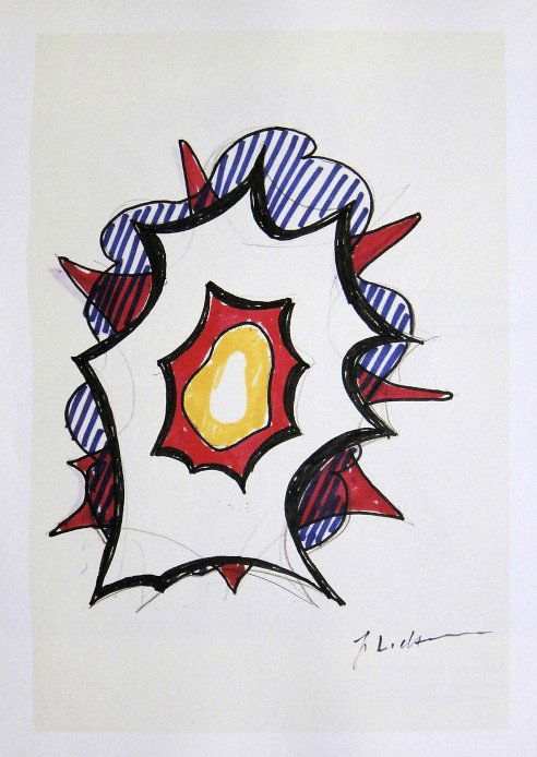 ROY LICHTENSTEIN, Signed Print, 1968: Roy LICHTENSTEIN, "Boom" signed Offset Print. From a signed VIP book Claes Oldenburg - Drawings and Prints. Published by Chelsea House, New York in 1968. Hand signed by Lichtenstein in black pen. Size