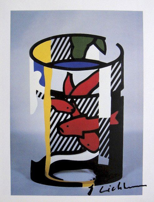 ROY LICHTENSTEIN, Signed Print, 1982: Roy LICHTENSTEIN, signed Offset Print "Fishbowl II". From a signed VIP book published in 1982 by Nationalgalerie Berlin / Staatliche Museen Preussischer Kulturbesitz. Hand signed by Lichtenstein in bl