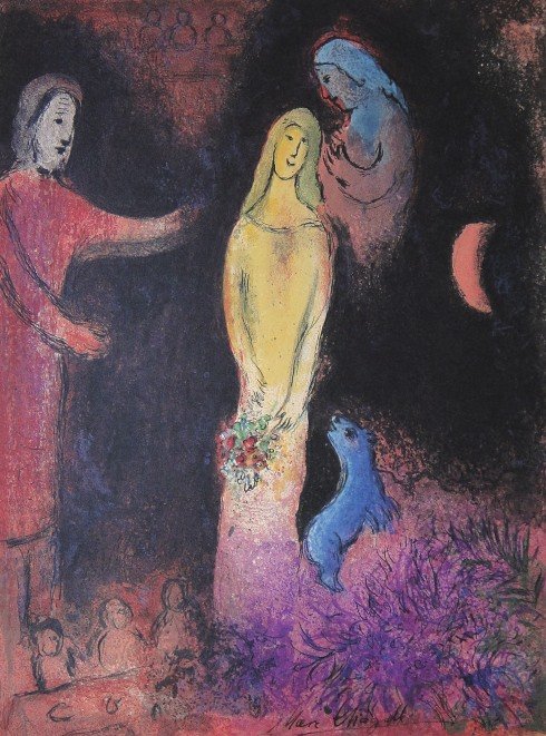 Marc Chagall, signed Lithograph "Daphnis and Chloe": Original Lithograph from Marc Chagall "Chloe Dressed and Coiffured by Clearsta" (Mourlot 345), from a signed VIP book "Daphnis and Chloe. Hand signed by Marc Chagall in black ink. Les Editions II Verv