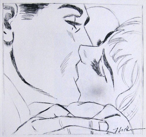 ROY LICHTENSTEIN, Signed Print, 1968: Roy LICHTENSTEIN, "Kiss" signed Offset Print. From a signed VIP book Claes Oldenburg - Drawings and Prints. Published by Chelsea House, New York in 1968. Hand signed by Lichtenstein in black pen. Size
