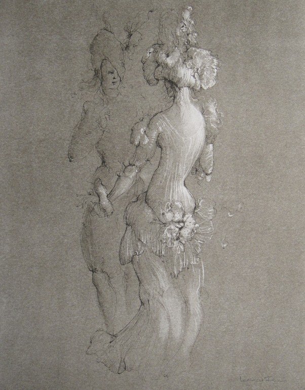 Leonor FINI, signed original Lithograph 1973: Original Lithograph by Leonor FINI. Hand signed by Fini in pencil. From a signed VIP book published in 1973. Size: 14.2 x 11 inches (36 x 28 cm). Very beautiful and rare lithograph in best conditions.