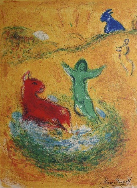 Marc Chagall, signed Lithograph "Daphnis and Chloe": Original Lithograph from Marc Chagall "The Wolf Trap" (Mourlot 312), from a signed VIP book "Daphnis and Chloe. Hand signed by Marc Chagall in black ink. Les Editions II Verve, Paris 1961. Size: 12.6 