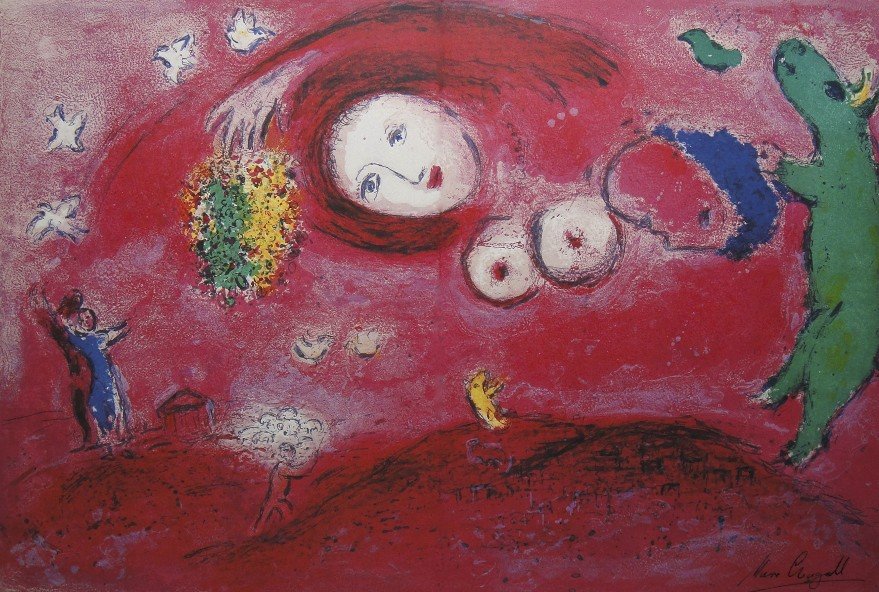 Marc Chagall, signed Lithograph "Daphnis and Chloe": Original Lithograph from Marc Chagall "Springtime in the Meadow" (Mourlot 314), from a signed VIP book "Daphnis and Chloe. Hand signed by Marc Chagall in black ink. Les Editions II Verve, Paris 1961. 