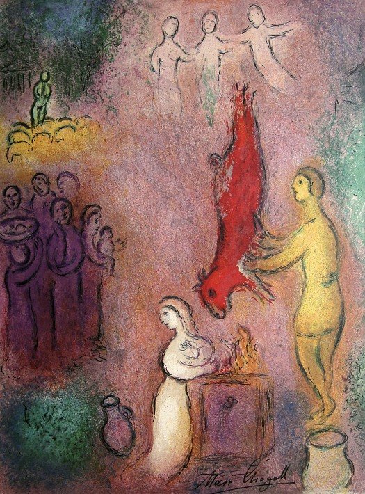 Marc Chagall, signed Lithograph "Daphnis and Chloe": Original Lithograph from Marc Chagall "The Sacrifice to the Nymphs" (Mourlot 330), from a signed VIP book "Daphnis and Chloe. Hand signed by Marc Chagall in black ink. Les Editions II Verve, Paris 196