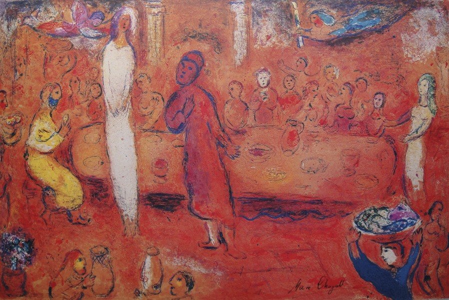 Marc Chagall, signed Lithograph "Daphnis and Chloe": Original Lithograph from Marc Chagall "Megacles Recognizes His Daughter at the Feast" (Mourlot 347), from a signed VIP book "Daphnis and Chloe. Hand signed by Marc Chagall in black ink. Les Editions I