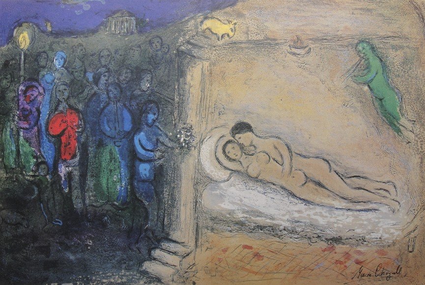 Marc Chagall, signed Lithograph "Daphnis and Chloe": Original Lithograph from Marc Chagall "The Wedding Night" (Mourlot 349), from a signed VIP book "Daphnis and Chloe. Hand signed by Marc Chagall in black ink. Les Editions II Verve, Paris 1961. Size: 1
