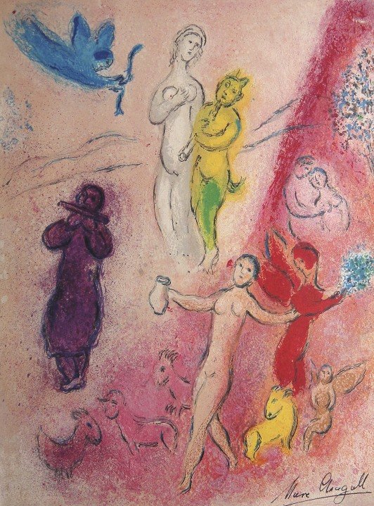 Marc Chagall, signed Lithograph "Daphnis and Chloe": Original Lithograph from Marc Chagall "The Tale of Syrinx" (Mourlot 332), from a signed VIP book "Daphnis and Chloe. Hand signed by Marc Chagall in black ink. Les Editions II Verve, Paris 1961. Size: 