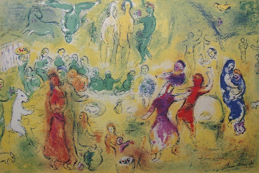 Marc Chagall, signed Lithograph "Daphnis and Chloe": Original Lithograph from Marc Chagall "The Wedding Feast in the Cave of the Nymphs" (Mourlot 348), from a signed VIP book "Daphnis and Chloe. Hand signed by Marc Chagall in black ink. Les Editions II 