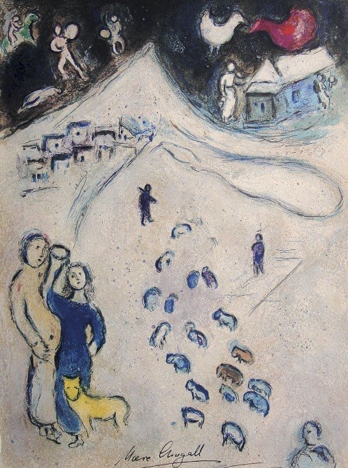 Marc Chagall, signed Lithograph "Daphnis and Chloe": Original Lithograph from Marc Chagall "Winter" (Mourlot 333), from a signed VIP book "Daphnis and Chloe. Hand signed by Marc Chagall in black ink. Les Editions II Verve, Paris 1961. Size: 12.6 x 9 inc