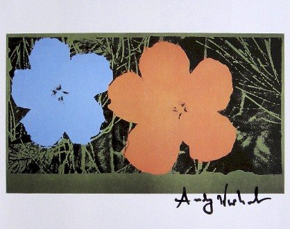 ANDY WARHOL, Signed Print, 1982: Andy WARHOL, "Flowers" signed Print. From a signed VIP book from 1982. Hand signed by Andy Warhol in black pen. Size: 8.3 x 7.1 in (21 x 18 cm) printed on the back.