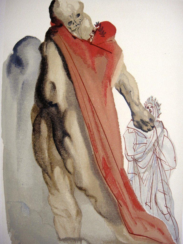 Salvador DALI, Signed Woodcut - The Devine Comedy: Original signed Woodcut 1950 - 1960 by Salvador Dali form the serie The Devine Comedy - 5th canto of the Purgatory "Vergil reprimands the nonchalance of Dante". Hand signed by Dali in pencil. Provenan