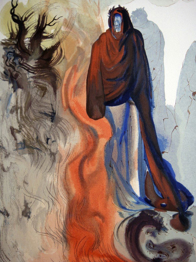 Salvador DALI, Signed Woodcut - The Devine Comedy: Original signed Woodcut 1950 - 1960 by Salvador Dali form the serie The Devine Comedy - 34th canto of the Hell "The apparition of Dis, King of the hell". Hand signed by Dali in pencil. Provenance: D''