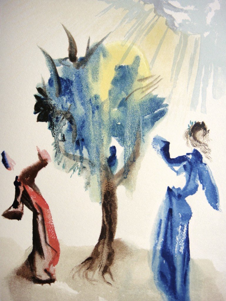 Salvador DALI, Signed Woodcut - The Devine Comedy: Original signed Woodcut 1950 - 1960 by Salvador Dali form the serie The Devine Comedy - 24th canto of the Purgatory "The tree of buses". Hand signed by Dali in pencil. Provenance: D''Art les Heures Cl