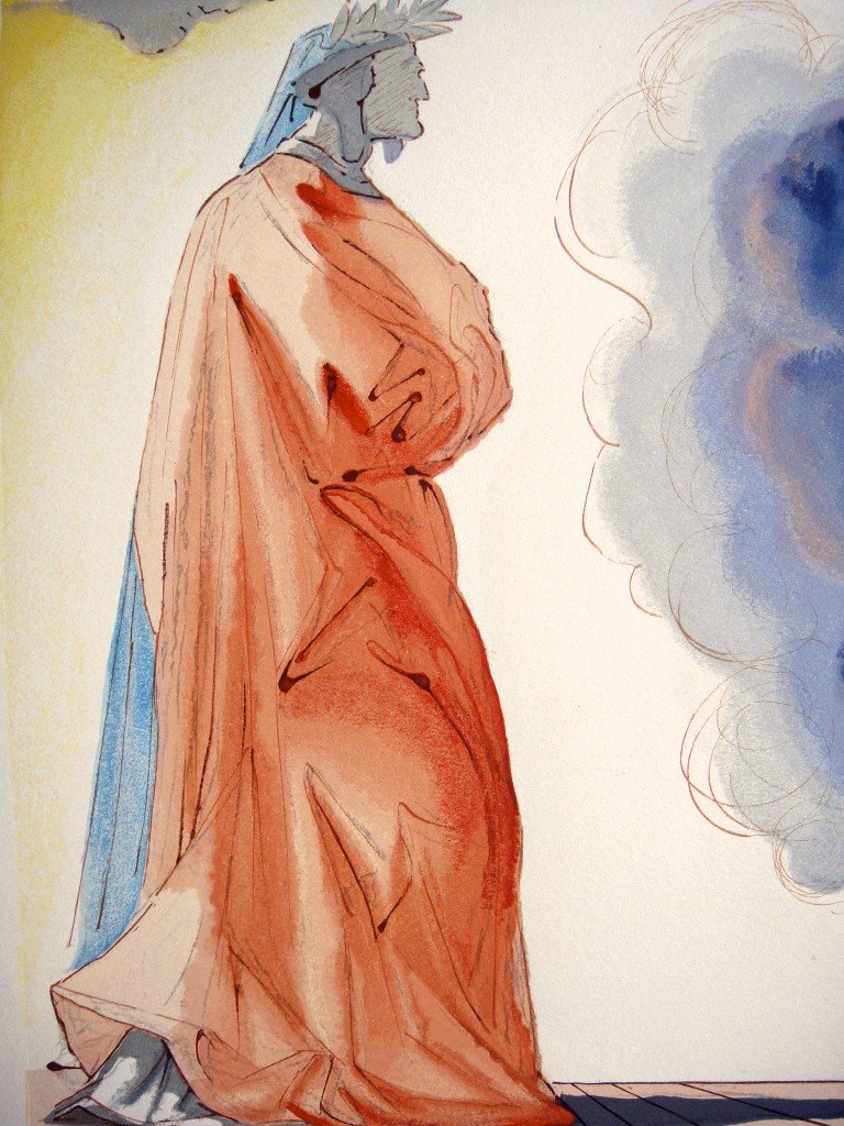 Salvador DALI, Signed Woodcut - The Devine Comedy: Original signed Woodcut 1950 - 1960 by Salvador Dali form the serie The Devine Comedy - 1st canto of the Paradis "Dante". Hand signed by Dali in pencil. Provenance: D''Art les Heures Claires. Size: 33