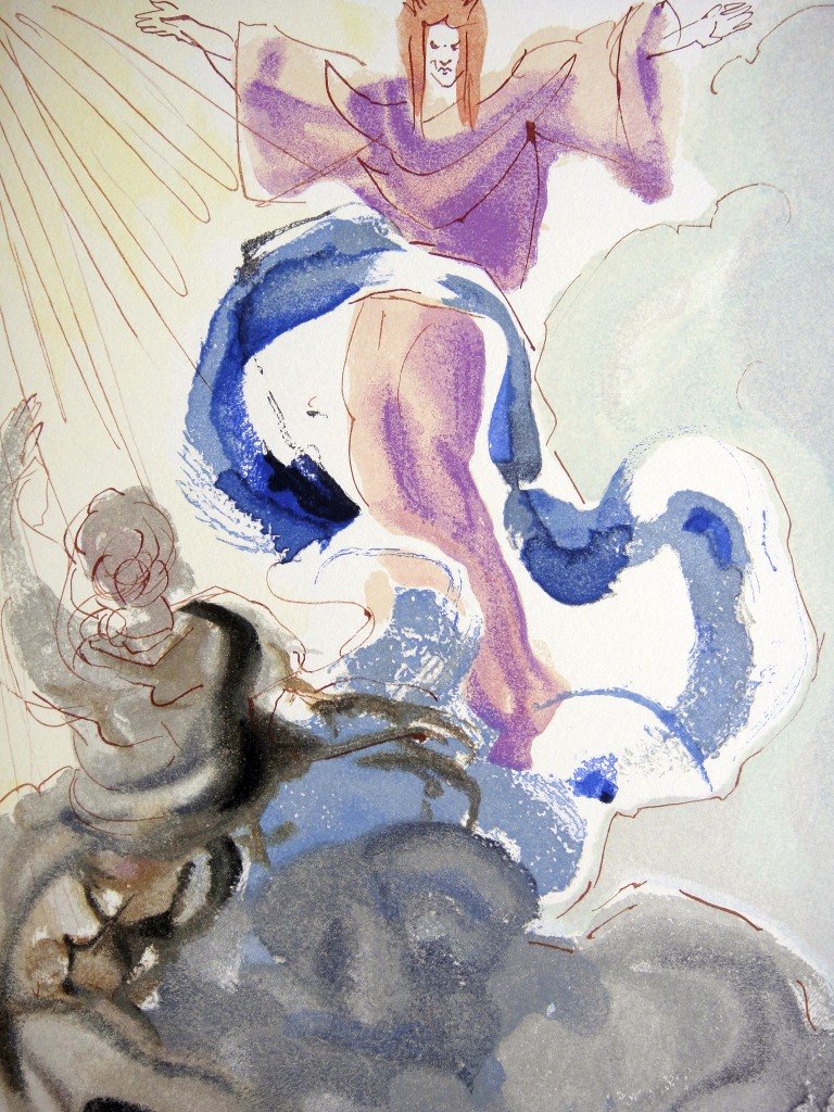 Salvador DALI, Signed Woodcut - The Devine Comedy: Original signed Woodcut 1950 - 1960 by Salvador Dali form the serie The Devine Comedy - 3rd canto of the Paradis "The Moon Sky". Hand signed by Dali in pencil. Provenance: D''Art les Heures Claires. S
