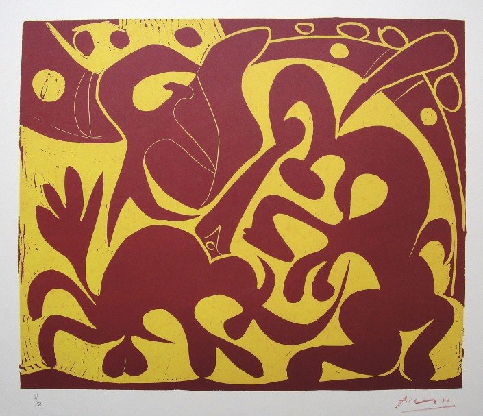PABLO PICASSO, Hand signed Lithograph, 1962: Pablo Picasso original hand signed Lithograph, 1962. "Pique" (Bloch 908) Signature in red pencil and numbered 5/50 in pencil by Pablo Picasso. Lithograph after Linocut from 1959. Special Edition from 