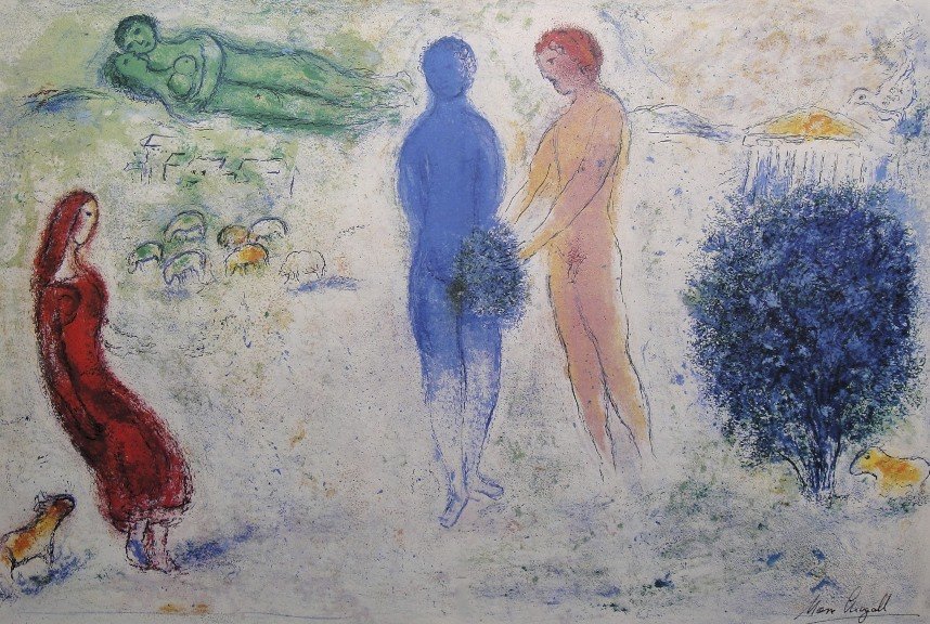 Marc Chagall, signed Lithograph "Daphnis and Chloe": Original Lithograph from Marc Chagall "The Judgment of Chloe" (Mourlot 315), from a signed VIP book "Daphnis and Chloe. Hand signed by Marc Chagall in black ink. Les Editions II Verve, Paris 1961. Siz
