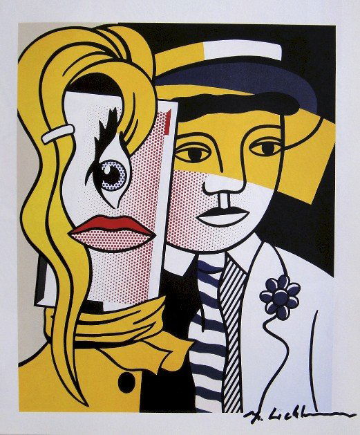 ROY LICHTENSTEIN, Signed Print, 1982: Roy LICHTENSTEIN, signed Offset Print "Stepping out". From a signed VIP book published in 1982 by Nationalgalerie Berlin / Staatliche Museen Preussischer Kulturbesitz. Hand signed by Lichtenstein in b