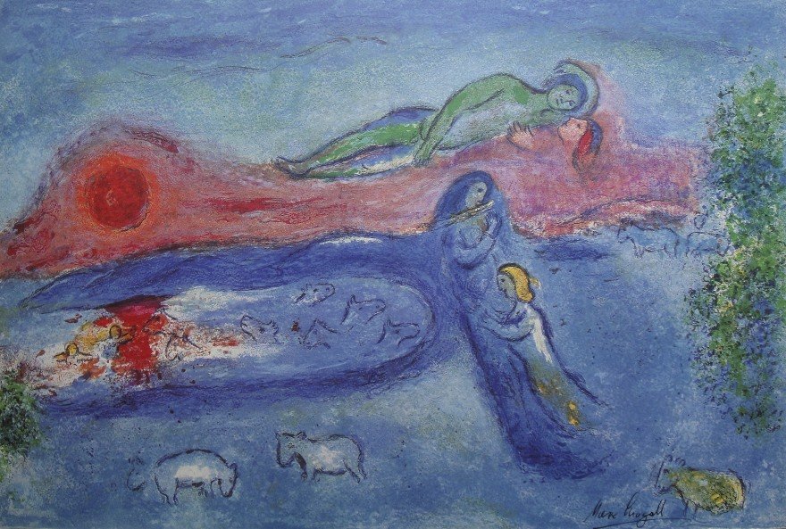 Marc Chagall, signed Lithograph "Daphnis and Chloe": Original Lithograph from Marc Chagall "Dorcon's Death" (Mourlot 320), from a signed VIP book "Daphnis and Chloe. Hand signed by Marc Chagall in black ink. Les Editions II Verve, Paris 1961. Size: 12.6