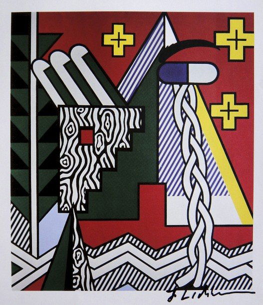 ROY LICHTENSTEIN, Signed Print, 1982: Roy LICHTENSTEIN, signed Offset Print "Two Figures with Teepee". From a signed VIP book published in 1982 by Nationalgalerie Berlin / Staatliche Museen Preussischer Kulturbesitz. Hand signed by Lichte