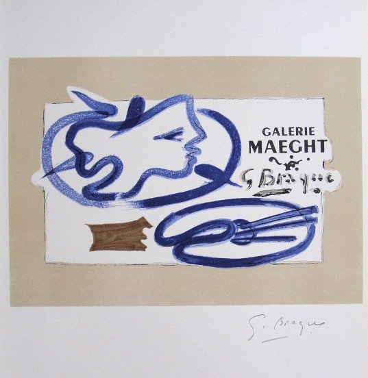 Georges Braque Lithograph Ecole de Paris: Original lithograph from a special VIP folder, 1958. Hand signed by Georges Braque in pencil. Lithograph: Fernand Mourlot, Paris. Editeur: Galerie Maeght, Paris. Prov: Galerie Maeght, Paris. Size: 11.