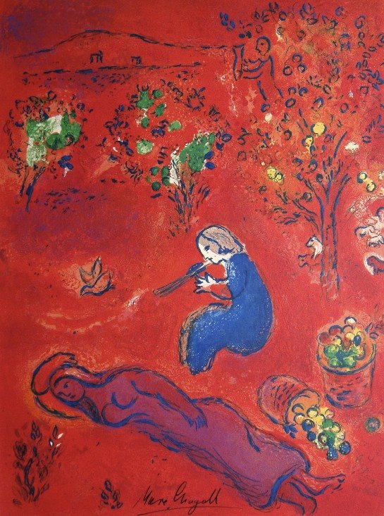 Marc Chagall, signed Lithograph "Daphnis and Chloe": Original Lithograph from Marc Chagall "Mid-Day in Summertime" (Mourlot 318), from a signed VIP book "Daphnis and Chloe. Hand signed by Marc Chagall in black ink. Les Editions II Verve, Paris 1961. Siz