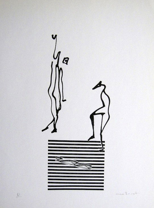 Max Ernst, signed Lithogrraph, 1957: Lithograph from Max Ernst, published in 1957. Hand signed by Ernst, signature and 61 in pencil. From a VIP book "Historie naturelle II". Prov: Galerie Berggruen, Paris. Size: 12.2 x 10.6 inches (31 x