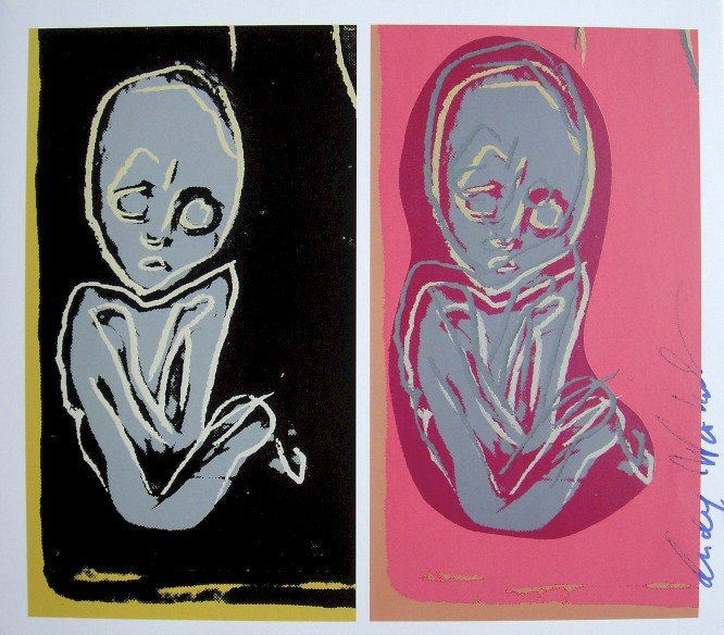 ANDY WARHOL, Signed Print, 1984: Andy WARHOL, "Painting after Munch" signed Print. From a signed VIP book from 1984. Hand signed by Andy Warhol in blue pen. Size: 10.2 x 11 in (26 x 28 cm) printed on the back.