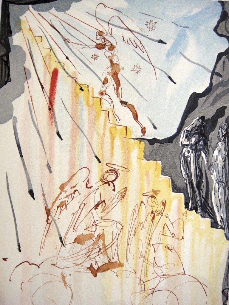 Salvador DALI, Signed Woodcut - The Devine Comedy: Original signed Woodcut 1950 - 1960 by Salvador Dali form the serie The Devine Comedy - 21st canto of the Paradise "The golden ladder of saturn sky". Hand signed by Dali in pencil. Provenance: D'Art l