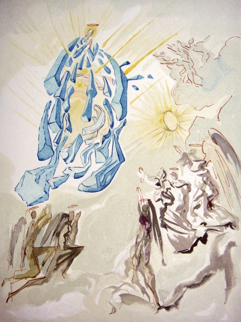 Salvador DALI, Signed Woodcut - The Devine Comedy: Original signed Woodcut 1950 - 1960 by Salvador Dali form the serie The Devine Comedy - 26th canto of the Paradise "Dante get back his eyesight". Hand signed by Dali in pencil. Provenance: D'Art les H