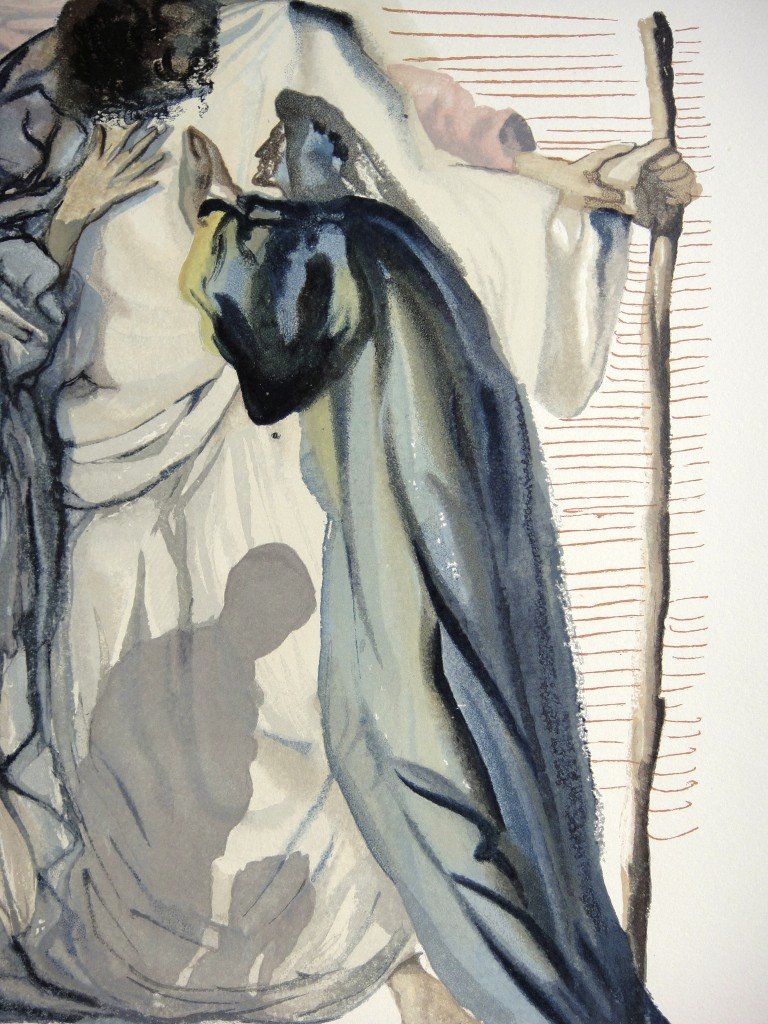 Salvador DALI, Signed Woodcut - The Devine Comedy: Original signed Woodcut 1950 - 1960 by Salvador Dali form the serie The Devine Comedy - 14th canto of the Purgatory "The ghost interviewed Dante". Hand signed by Dali in pencil. Provenance: D'Art les 
