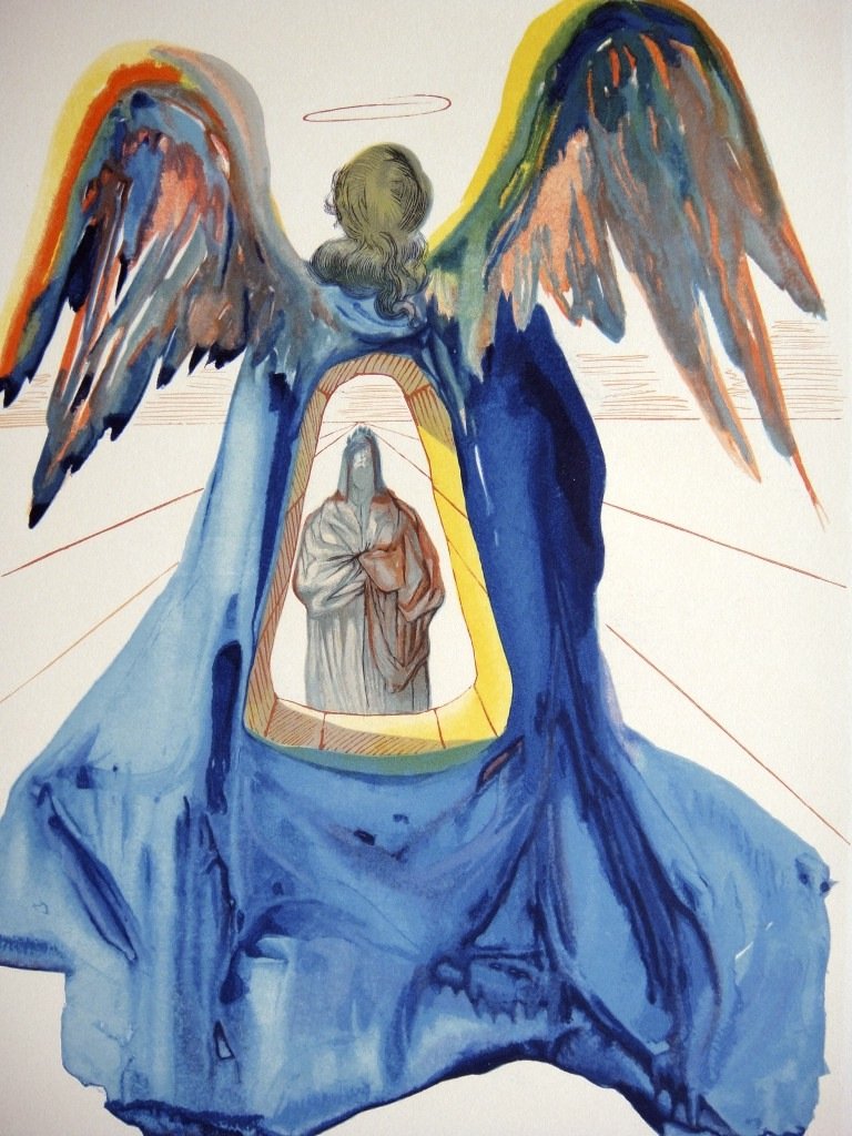 Salvador DALI, Signed Woodcut - The Devine Comedy: Original signed Woodcut 1950 - 1960 by Salvador Dali form the serie The Devine Comedy - 33rd canto of the Purgatory "The purified Dante". Hand signed by Dali in pencil. Provenance: D'Art les Heures Cl