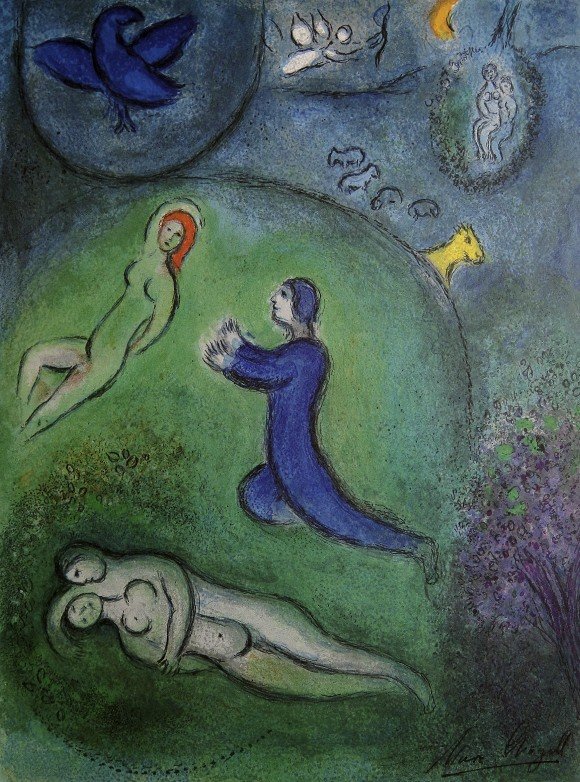 Marc Chagall, signed Lithograph "Daphnis and Chloe": Original Lithograph from Marc Chagall "Daphnis et Lycenion" (Mourlot 336), from a signed VIP book "Daphnis and Chloe. Hand signed by Marc Chagall in black ink. Les Editions II Verve, Paris 1961. Size: